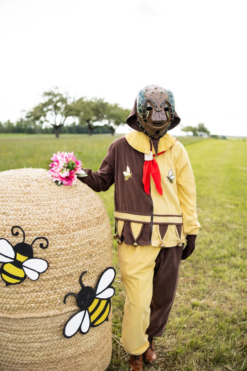 Biene im Häs am Bienenkorb